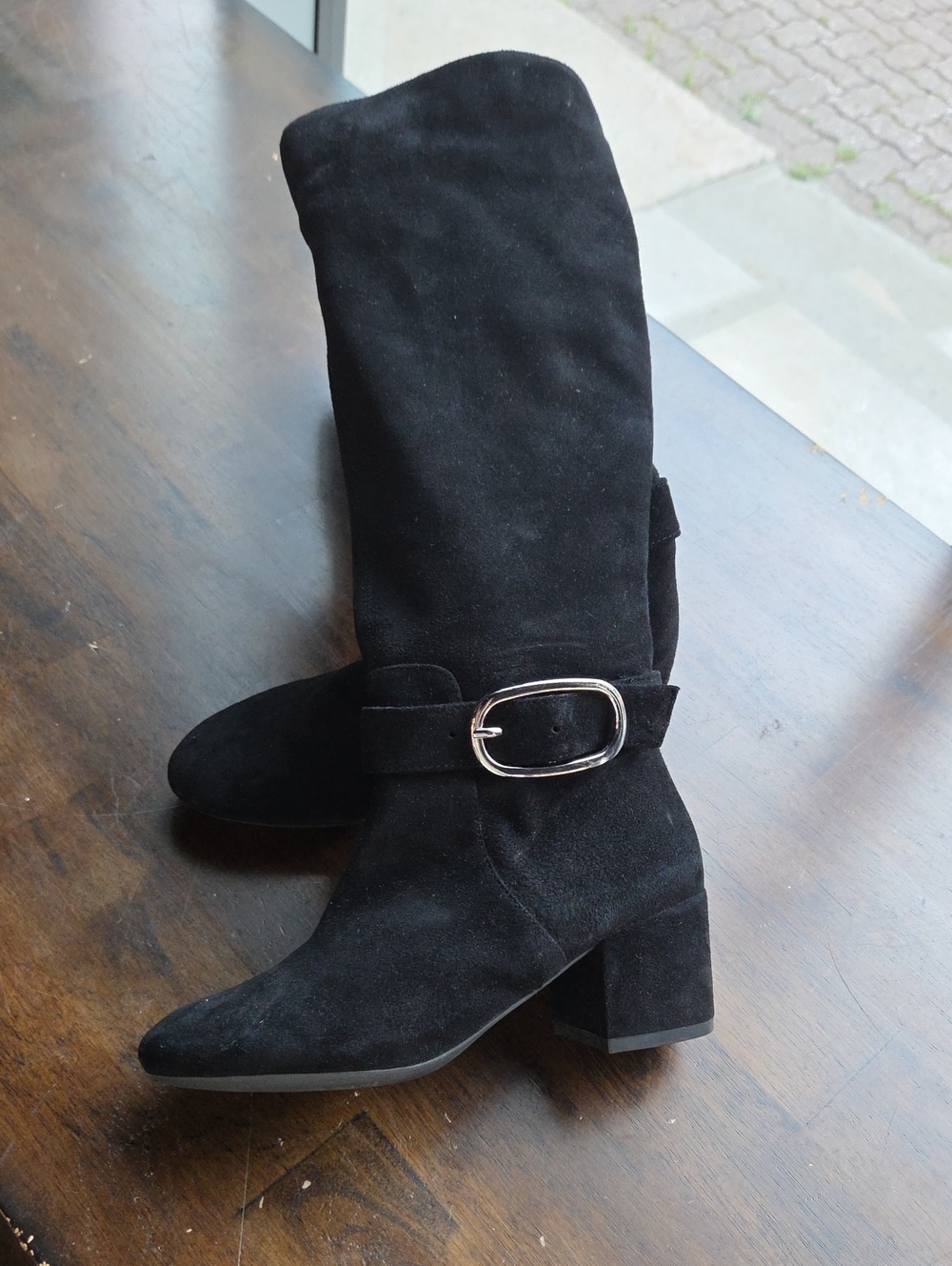 Geox Size 5 Women's Black Suede Heeled Boots with Silver Buckle NEW